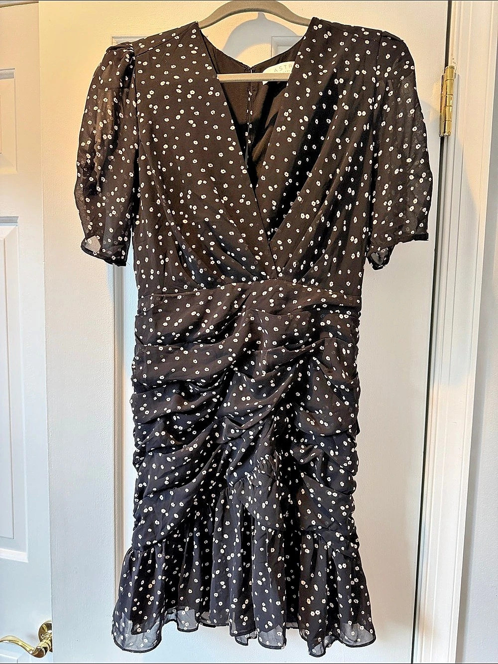 ASTR The Label Gaia Floral Ruched Minidress Black & White Medium